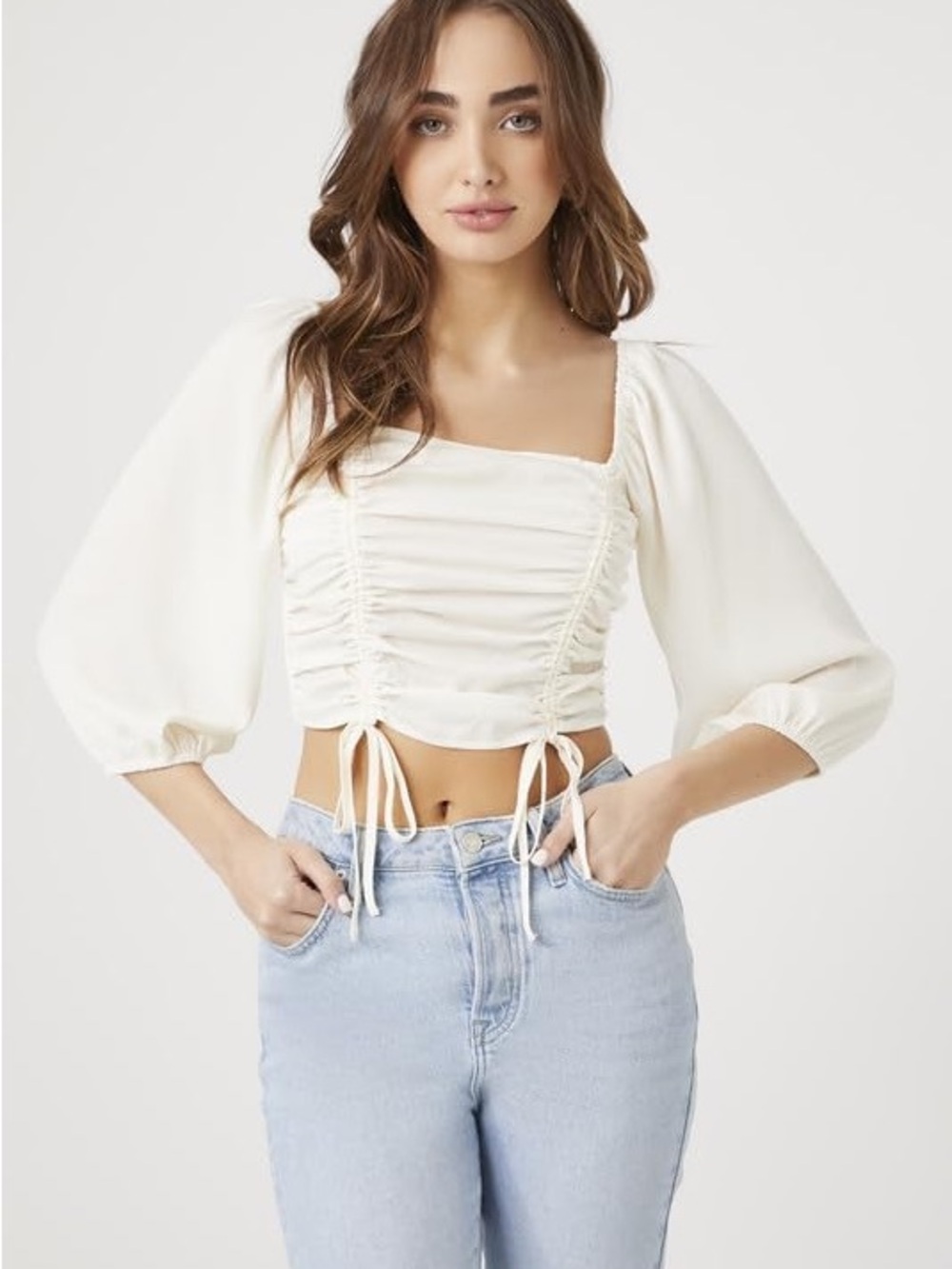 ◾️NEW! HYFVE Ivory Ruched Drawstring Square-Neck Top